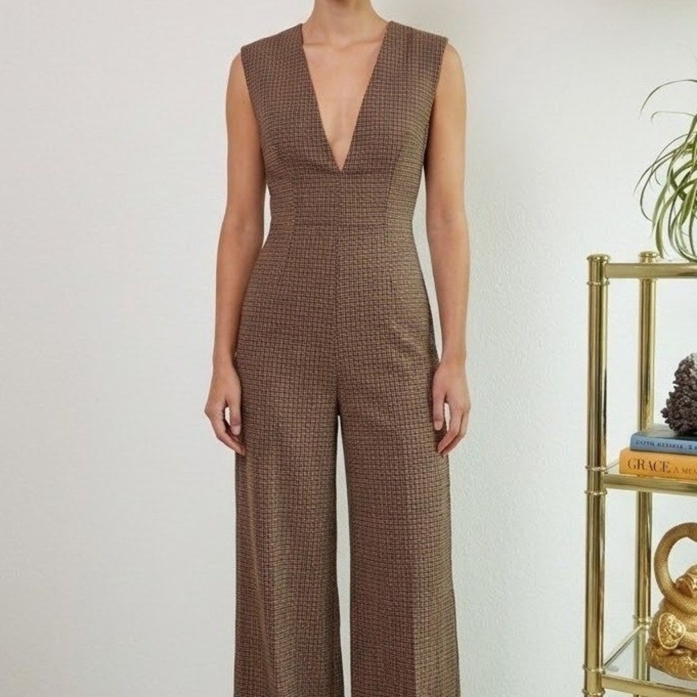 Nice Things  Houndstooth Wide Leg V-Neck Jumpsuit, Size 38 US 6 Brown Anthro